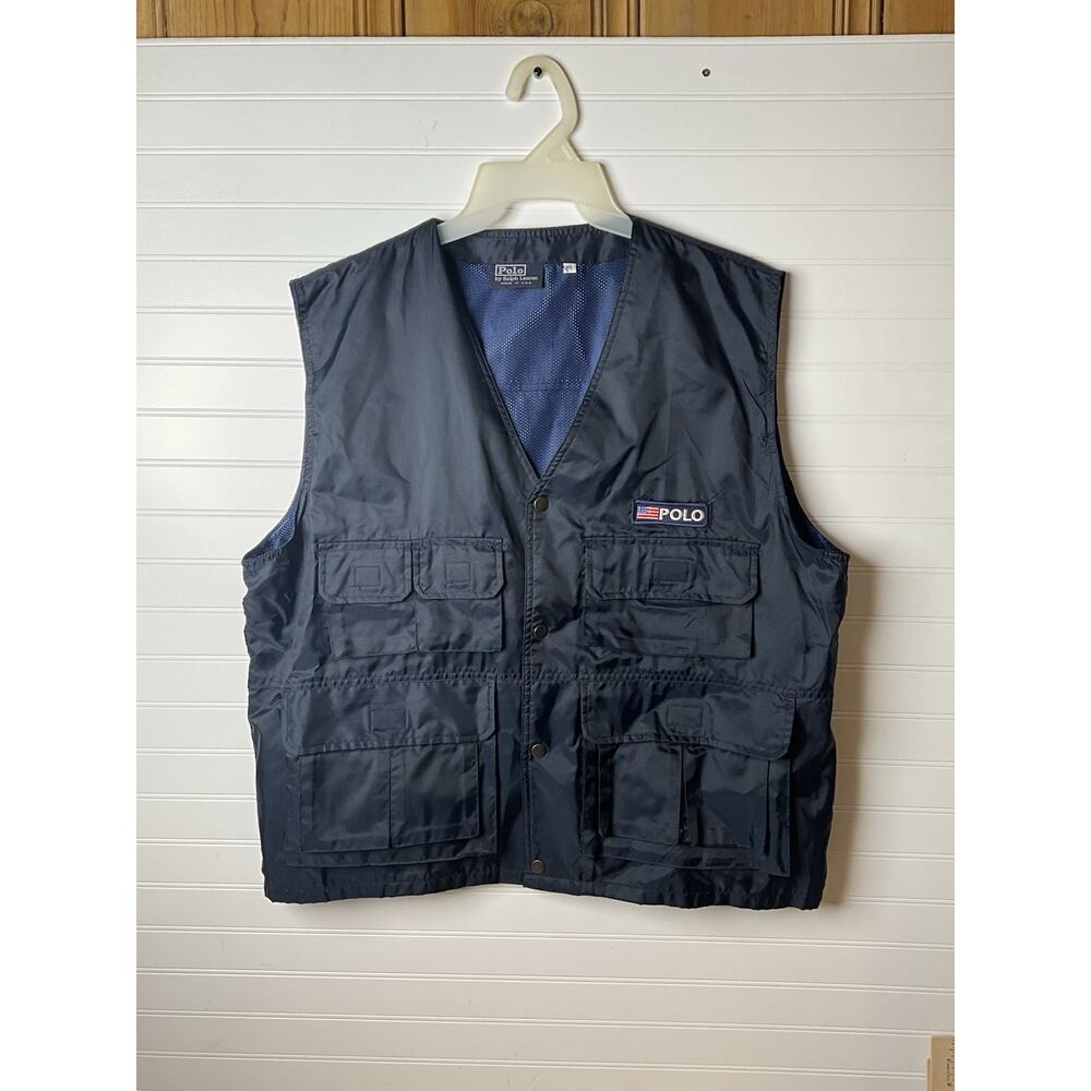 Vintage Polo Ralph Lauren Black Navy Blue USA Utility Fishing Vest XL Nylon Mesh